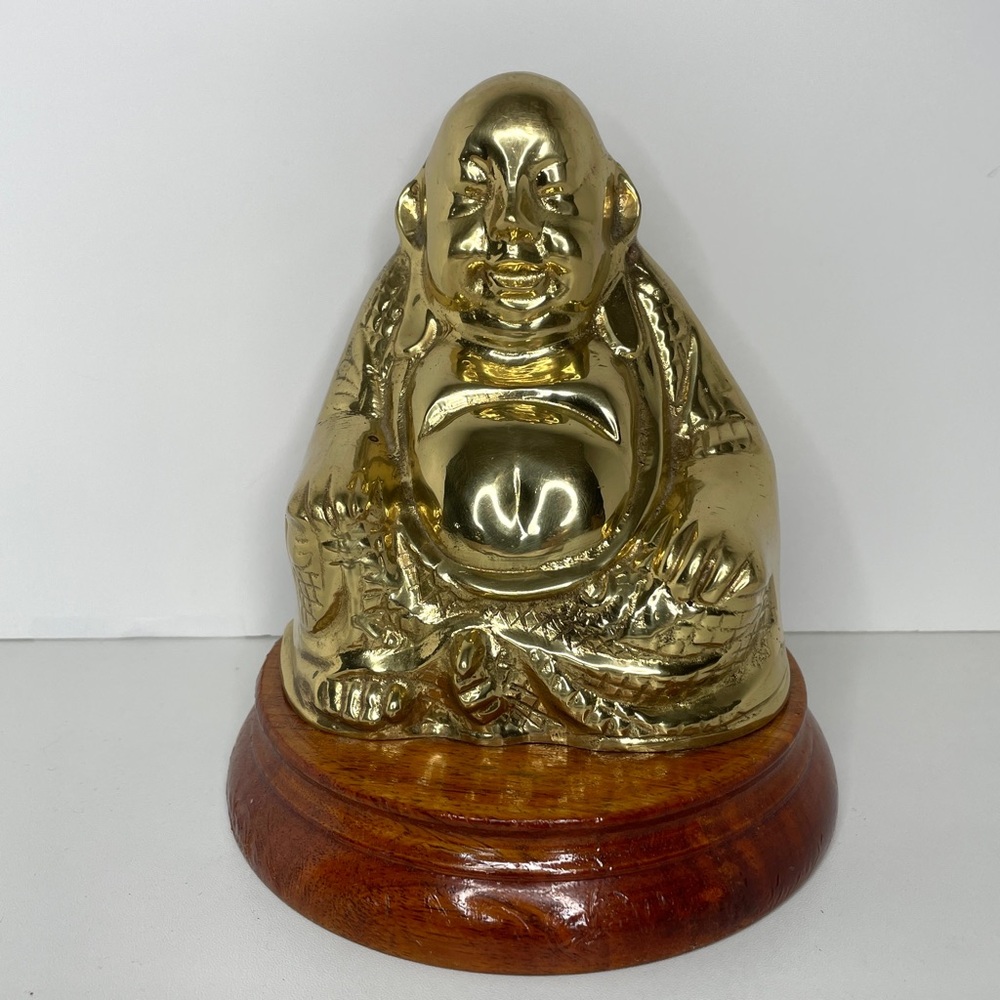 Smiling Buddha Gold Tone Statue Figurine On Wood Stand